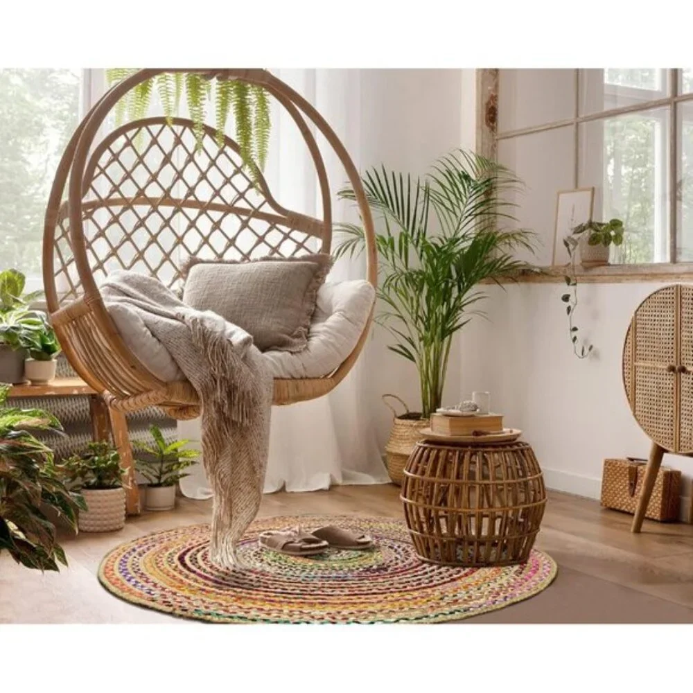New 3ft Round Jute Cotton Chindi Rug, Boho Farmhouse Handwoven Reversible Mat